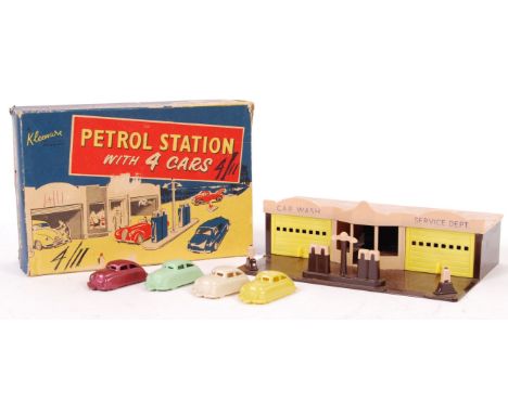 A rare original vintage Kleeware ' Made In England ' plastic ' Petrol Station With 4 Cars ' model playset. Complete, includin