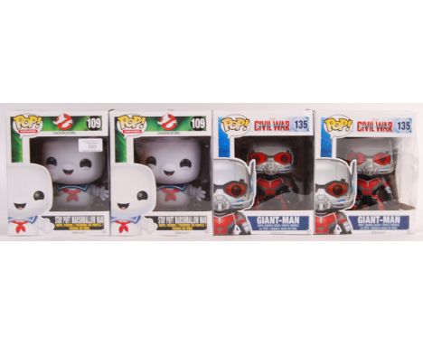 A set of four Funko pop made vinyl action figures to include; 2x 109 Ghostbusters Stay Puft Marshmallow Man and 2x 135 Captai