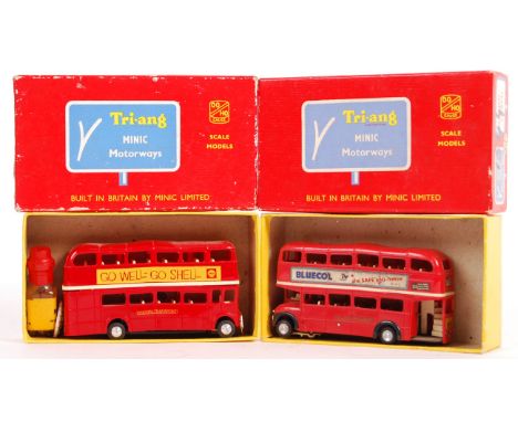 Two original vintage Tri-ang / Triang Minic Motorways vehicles - both Routemaster Buses in red, with advertising decals prese