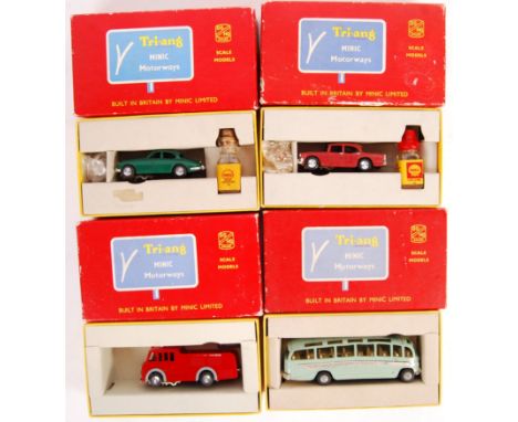 A collection of x4 original vintage Tri-ang / Triang Minic Motorways boxed vehicles - comprising: M.1544 Coach, Kent Fire Bri
