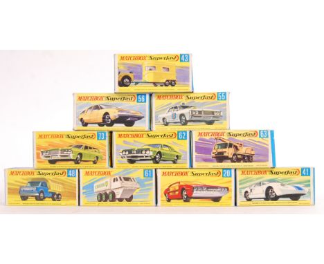 A collection of x10 original vintage Matchbox made ' Superfast ' boxed diecast model cars and vehicles. Includes numbers: 63,