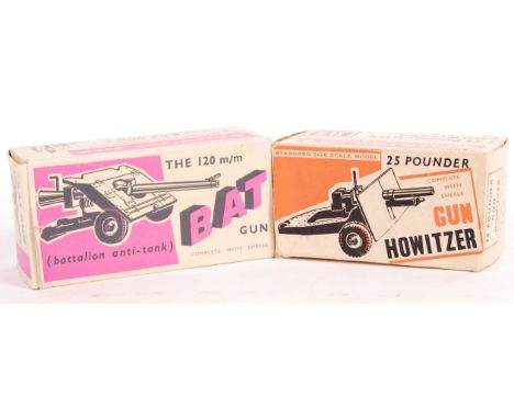 Two original vintage Britains made diecast model field guns - 9705 25 Pounder Gun Howitzer, and 9720 BAT Gun. Both within the