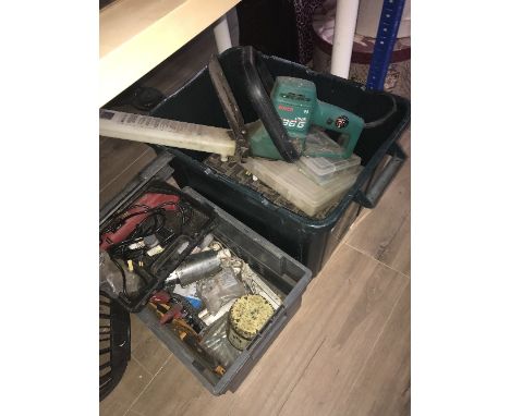 2 BOXES OF TOOLS INCLUDING ROTARY TOOL & 3 HANGING BASKETS