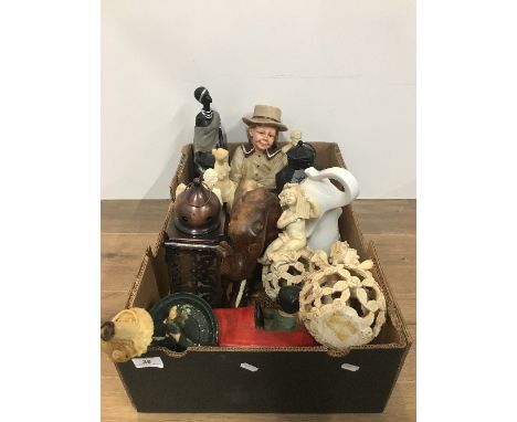 LARGE BOX OF ASSORTED ITEMS INCLUDING VINTAGE CAR FIGURE