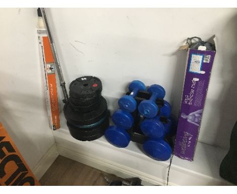LARGE LOT OF EXERCISE EQUIPMENT (6) INCLUDING BENCH PRESS BAR & WEIGHTS