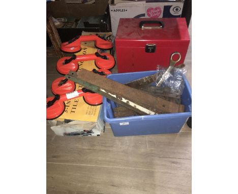 TILE CUTTER TIN BOX & TOOLS HINGERS ETC