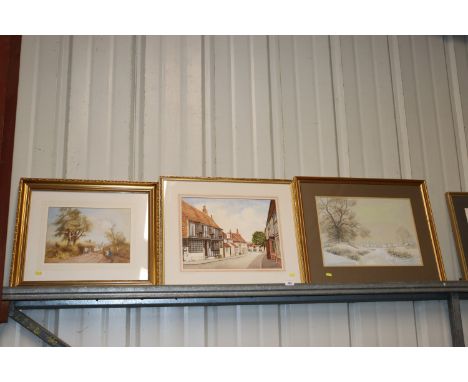 Arthur Bundock, watercolour of Alfriston Sussex; M Pettersson, winter scene; and a watercolour of sheep being herded 