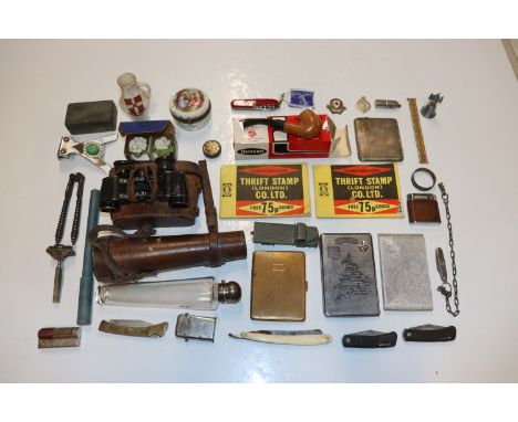 A box of interesting items to include Neo Universal binoculars; a glass and white metal mounted hunting flask in leather case
