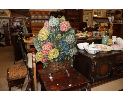 20th Century fireplace dummy board with painted decoration of a basket of flowers 
