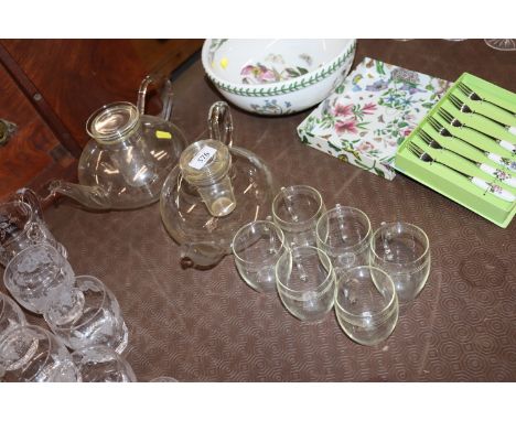 A vintage Schott Mainz glass tea pots and mugs