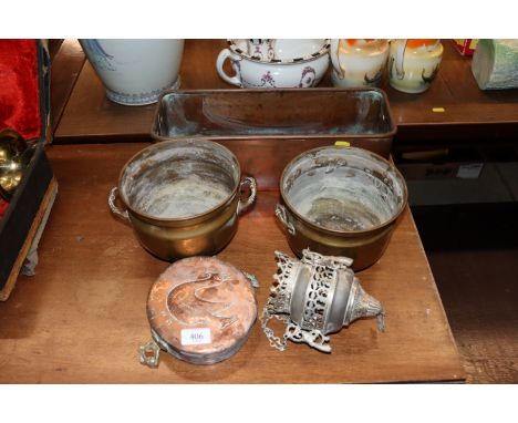 A copper planter; a pair of brass jardinieres; a pendant light fitting etc.