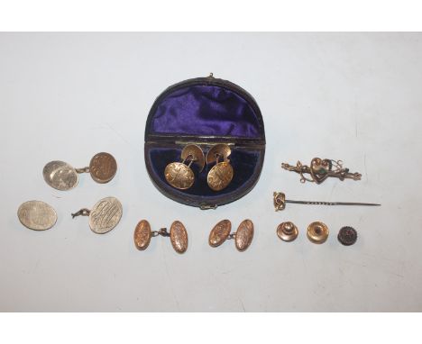 A pair of 9ct gold cufflinks AF, a pair of 9ct gold cufflinks and a 9ct gold stud approx. 17g total weight, a pair of 15ct go