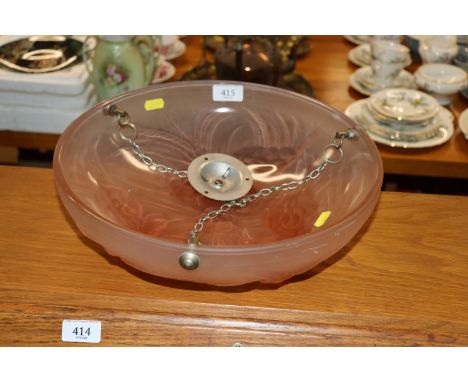 A Lalique style pink glass ceiling light shade with bird decoration