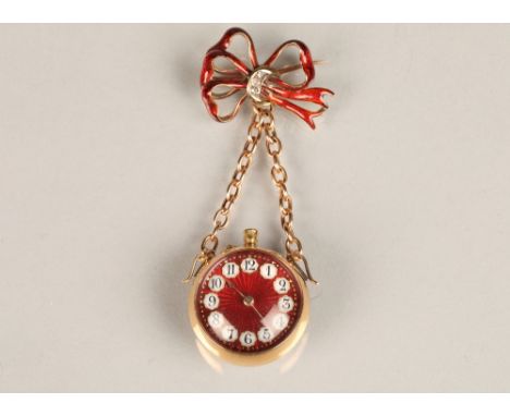 Ladies 18ct rose gold fob watch, red enamel dial with numbered hour markers with red enamel back with fleur-d-lis decoration,