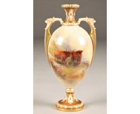 Royal Worcester twin handled vase, ovoid form raised on a circular foot, hand painted with highland cattle in an upland lands