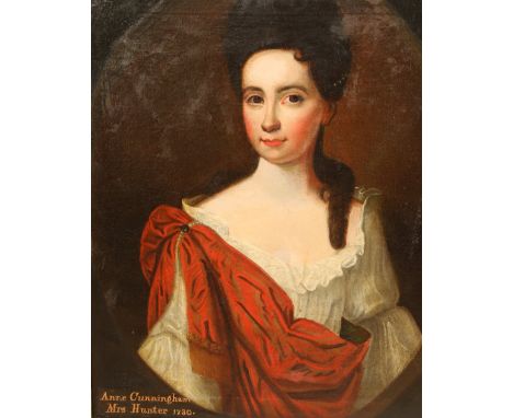 Scottish school, early 18th century Portrait of Anne Cunningham, Mrs. Hunter, 1730, bust-length in a white dress with red sca