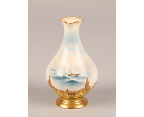 Royal Worcester bottle shaped vase with hand painted seascape with gilt border, signed R. Rushton, 11cm high CONDITION REPORT