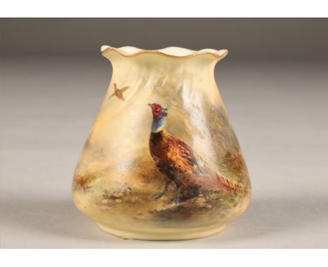 Royal Worcester Vase, pinched rim, decorated with hand painted pheasants in landscape, signed James Stinton, G9597, date code