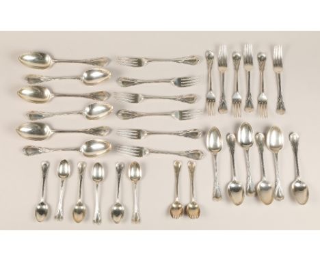 Thirty-two piece Victorian silver cutlery including,six table forkssix dessert forkssix table spoonssix dessert spoonssix tea