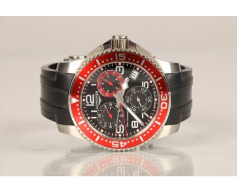 Gents Longines Hydro Conquest chronograph wrist watch, black dial with numbered hour markers, with red bezel, with date apert