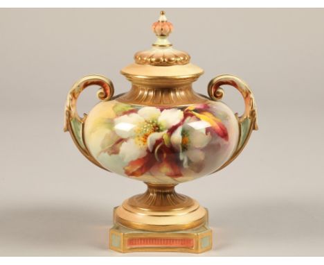 Royal Worcester vas and cover, twin scroll handles raised on square base decorated with hand painted flowers, model No 2296, 