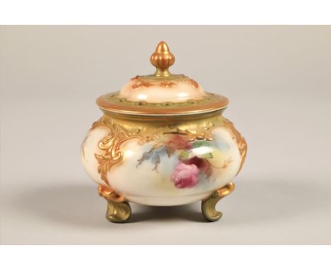 Royal Worcester pot pouri dish and cover, raised on three scroll feet, decorated with hand painted yellow and pink roses, No 