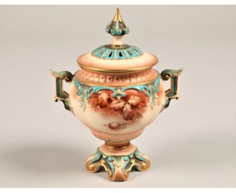Hadley's Worcester pot pouri jar and cover, raised on four scroll feet, decorated with oak leaves, blue factory stamp to base