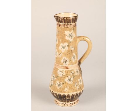 Early Martin Brothers prunus jug, slender tapering arts and crafts inspired jug, decorated with delicate branches of blooming