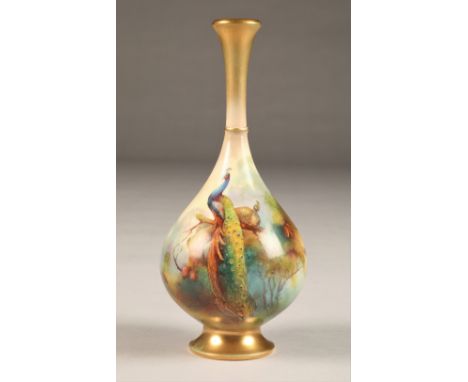 Royal Worcester Vase, bottle shaped, circular foot, decorated with hand painted peacocks in woodland landscape, signed Austin