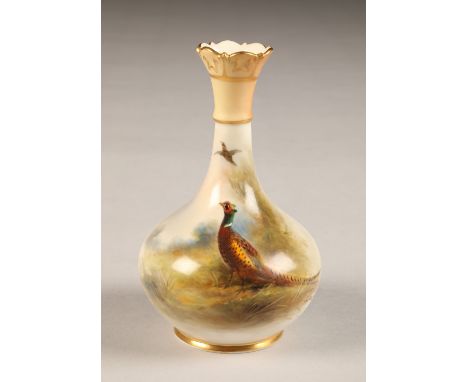 Royal Worcester vase, bottle form, decorated with hand painted pheasants in a landscape, signed James Stinton G702, date code