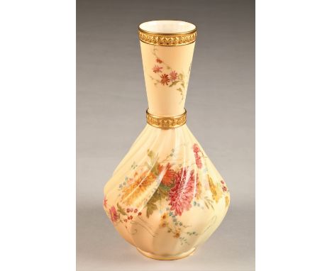 Royal Worcester vase, bottle form, with spiral twist, hand painted flowers, gilt enrichments, No 1452, Rd No 148408, date cod