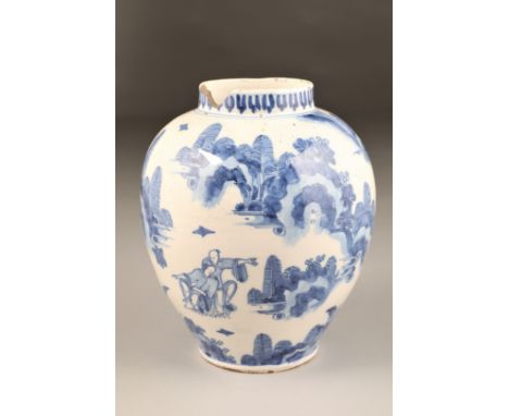 Early Chinese blue and white porcelain vase, possible Kangxi period baluster form, decorated with a continuous scene of figur