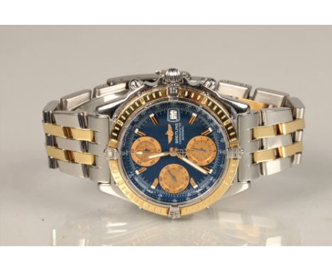 Gents Breitling chronometer automatic wrist watch, blue dial with hour markers with date aperture on original bracelet strap,