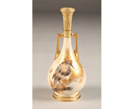 Royal Worcester twin handled bottle shaped vase, decorated with hand painted hoopoe, No 924, date coded 1887, height 17cm.CON