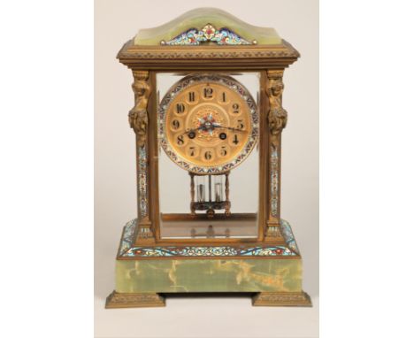 19th century French four glass mantle clock, green onyx and champleve enamel with floral decoration , circular gilt dial, bla