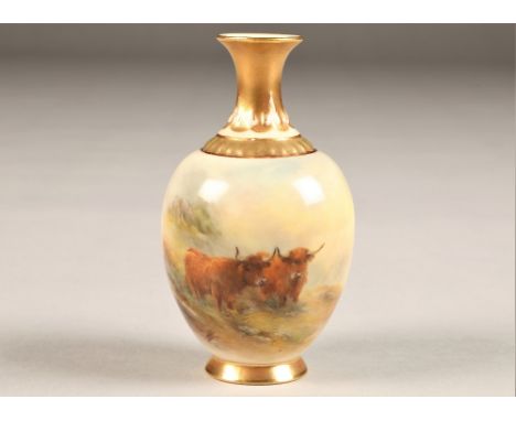 Royal Worcester vase baluster form, decorated with hand painted highland cattle in landscape, signed Harry Stinton 286, date 