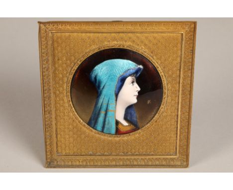 Probably D'Apres Emile Albert De Mandre (French 1869 -) Continental gilt metal framed miniature portrait of blue Madonna, ena