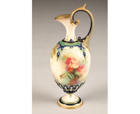 Hadley's Worcester ewer baluster form, scroll handle raised on a circular foot, hand painted with pink roses, gilt enrichment