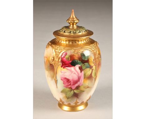 Royal Worcester vase and cover, decorated with hand painted roses, gilt enrichments, No 169, date coded 1913, height 19cm.CON