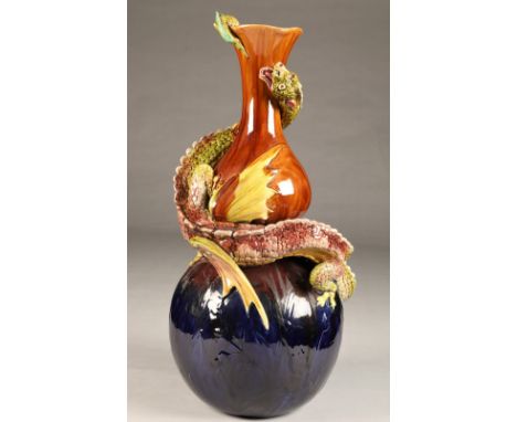 Burmantofts Faience pottery dragon vase, double gourd shaped vase with an applied dragon coiled round the neck incised 579 Bu