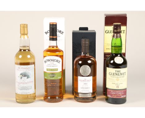 Bowmore Islay single malt Scotch whisky, 700ml, 40% vol, with cardboard box. The Glenlivet single malt Scotch whisky, aged 15