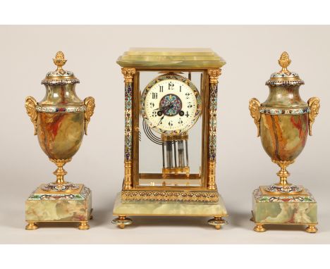 19th century French four glass three piece clock garniture, green onyx and champlevé enamel with floral decoration, circular 