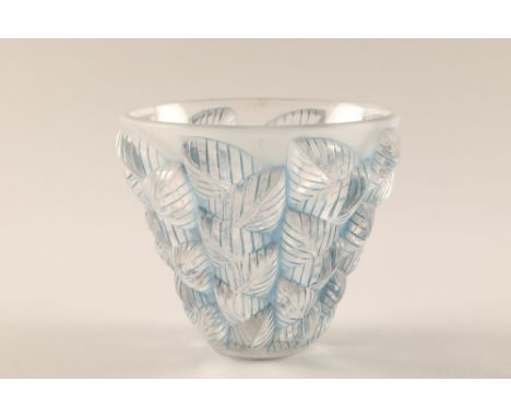 Rene Lalique moisac glass vase, model 992, circa 1927, blue opalescent vase. Incised R. Lalique France to the base, 12.5cm hi