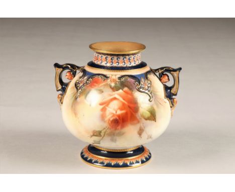 Hadley's Worcester twin handle vase, hand painted with roses, gilt enrichments, height 15.5cm.CONDITION REPORT:The vase is in