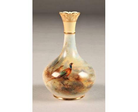 Royal Worcester vase, bottle form, decorated with hand painted pheasants in a landscape, signed James Stinton G702, date code