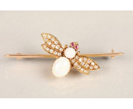 Ladies opal and diamond fly bar brooch, the body made from two opals, the wings set with small diamonds, two small rubies for