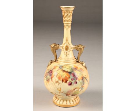 Royal Worcester twin handled bottle shaped vase, raised on a circular foot, decorated with hand painted spider and autumn lea