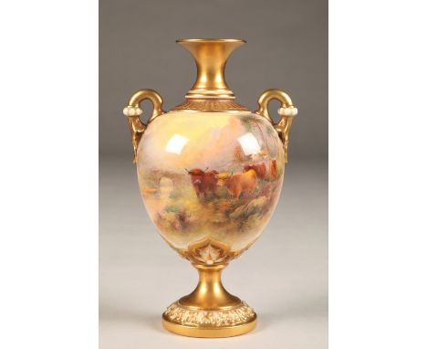 Royal Worcester twin handled vase, ovoid form raised on a circular foot, hand painted highland glen with croft, bridge and hi