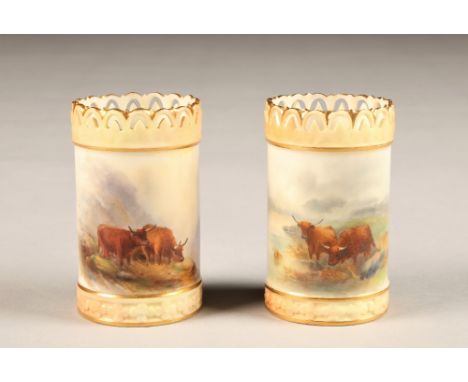 Royal Worcester vase, cylindrical form, pinched rim, decorated with hand painted highland cattle in landscape signed Harry St