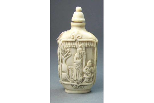 Snuff Bottle Schnupftabak Behalter Tabak Gefass Mit Figurenszene Elfenbein Reich Geschnitzt